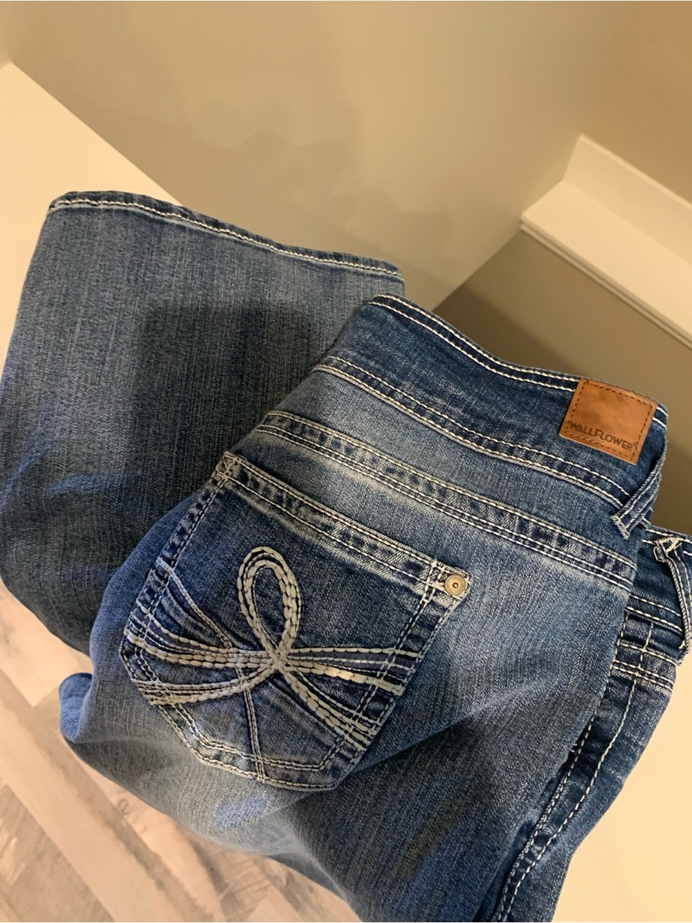 Wallflower Women's Medium Blue Bootcut Jeans with Embroidered Back Pocket -long